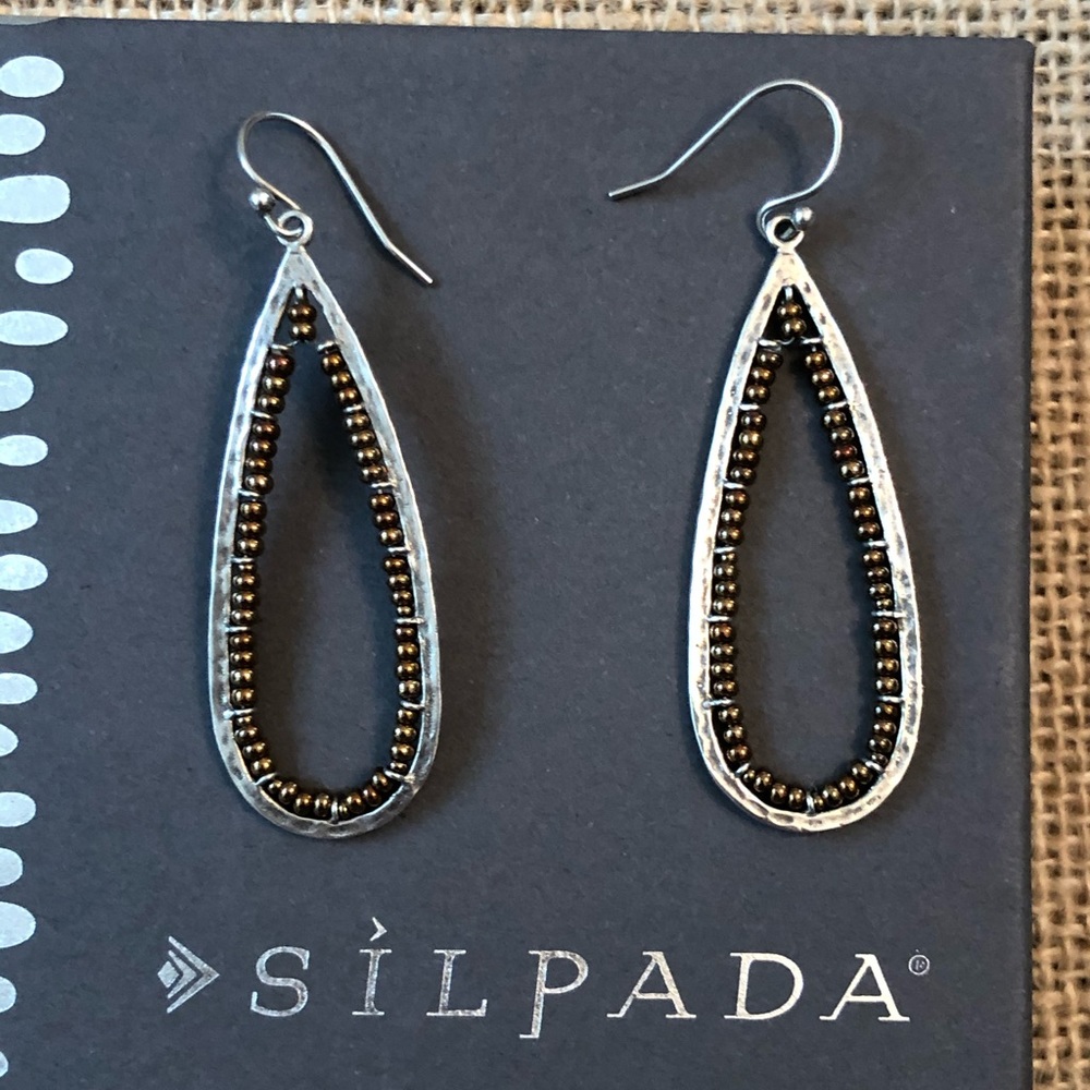 Silpada Bronze Seed Bead Teardrop Silver Earrings Gem